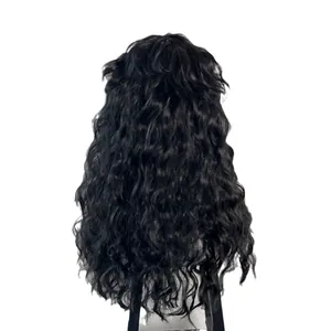 Long curly black punk rock wig for men with voluminous natural waves on white background