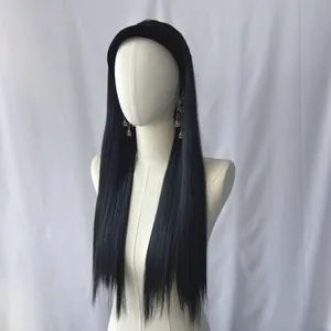 Detail showing long straight black hair wig integrated with velvet headband on head model