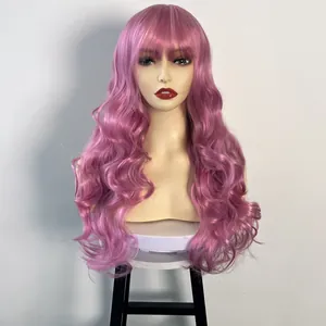 Detail of long wavy pink synthetic wig featuring bangs on a display mannequin head
