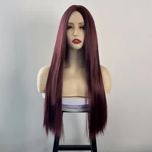 Front view of center part long straight wig in deep wine red on a display mannequin head