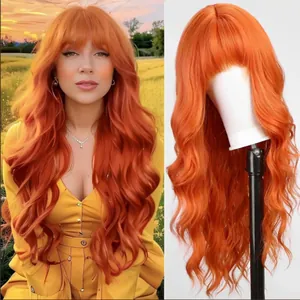 Long Wavy Wig With Bangs High Temperature Synthetic Fiber Heat Resistant Curly Hair Wig For Women Cosplay Daily Use