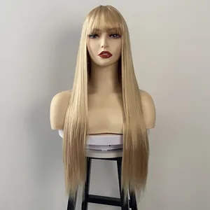 Detailed view of long straight platinum blonde wig with neat bangs on a mannequin