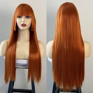 Copper orange Hime cut long straight wig with bangs, front and back view, smooth texture