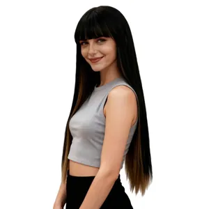 Long straight ombre wig with bangs in black to light brown for a natural look