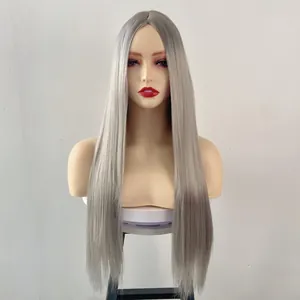 Front view of a long straight ash grey middle part wig displayed on a mannequin