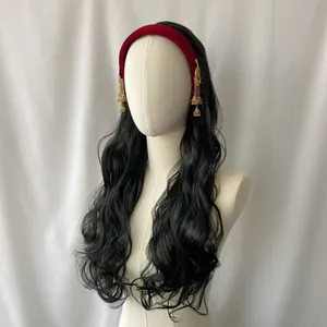 Long wavy black synthetic wig with red velvet headband and vintage golden tassels