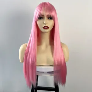 Detail of bright pink long straight wig with blunt bangs on a professional mannequin
