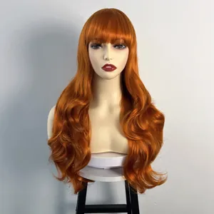 Long wavy orange wig with bangs, high-quality heat resistant fiber hairpiece for women