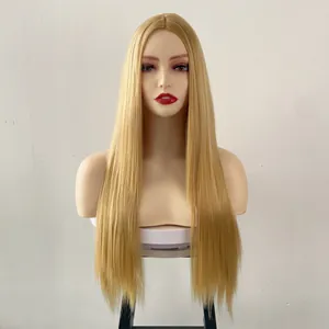 Detailed view of long straight honey blonde synthetic wig on a realistic mannequin head