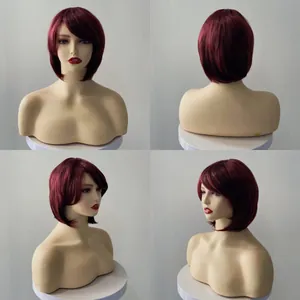 Détails sous quatre angles d'une perruque bob bordeaux avec frange pour femmes