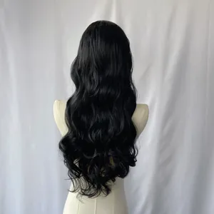 Rear view of long wavy black synthetic wig on mannequin with natural shine and soft curls