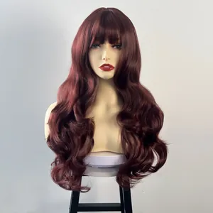 Detailed view of burgundy long wavy synthetic wig with elegant air bangs on mannequin head