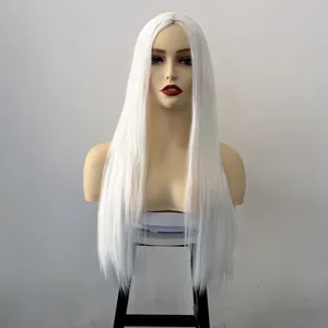 Front view of a long straight white synthetic wig with a classic middle part on a mannequin