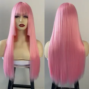 Front and back view of long pink Hime cut straight wig with bangs on a model head
