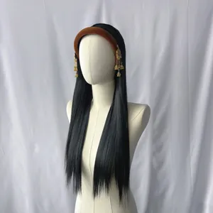 Detail of long straight black hair wig with bohemian gold bell tassel headband