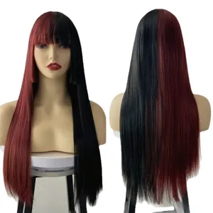 Long straight split dye wig in black and dark red with flat bangs for cosplay style