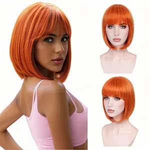 Short Straight Bob Wig With Bangs High Temperature Synthetic Fiber Heat Resistant Hair For Women Cosplay Daily Use