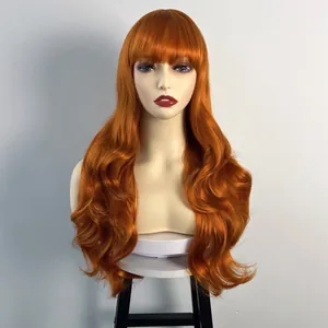 Detailed view of ginger orange long wavy wig with air bangs on a mannequin head