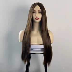 Detailed front view of a long straight middle part brown synthetic wig on mannequin