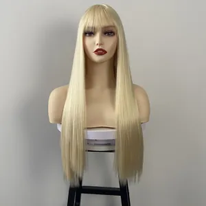 Front view of a 26 inch long straight platinum blonde wig with neat bangs on a mannequin