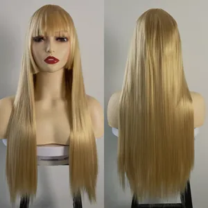 Close-up of pale blonde Hime cut wig with straight long hair and flat bangs on mannequin