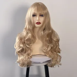 Detail of long wavy light blonde synthetic wig featuring soft curls and air bangs
