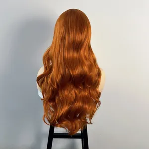Long bright orange wavy wig for women with voluminous curls and vibrant glossy finish