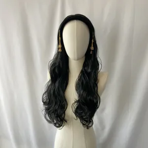 Vintage bohemian black long wavy wig integrated with headband and gold pendants