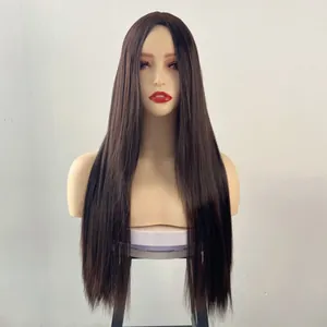 Detailed view of long straight dark brown synthetic wig with middle part on mannequin