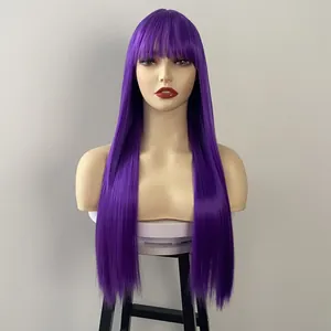 Detailed view of long straight deep purple wig with neat bangs on a mannequin head