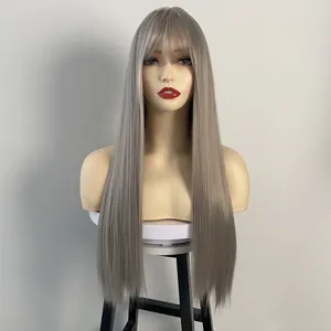 Detailed close-up showing the smooth texture and silver grey color of long straight hair wig