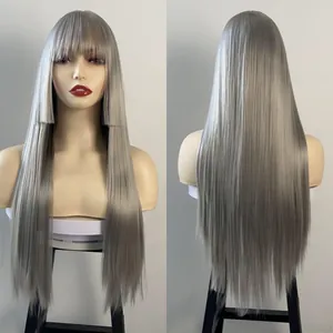 Silver grey long straight hime-cut wig with bangs showing front and back views