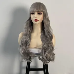 Detail view of silver-grey long wavy synthetic wig with flat bangs on a mannequin head