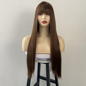 Detailed view of long straight brown wig with flat bangs on a mannequin head