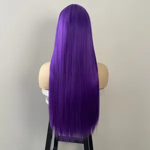 Back view of a long straight deep purple synthetic wig with a natural glossy finish