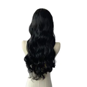 Long wavy black synthetic headband wig shown from the back on a white mannequin