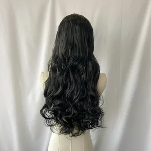 Rear view of long wavy black synthetic hair wig with textured layers on mannequin