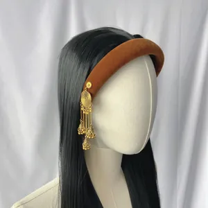 Caramel velvet thick headband with vintage gold tassel charms and black long straight hair