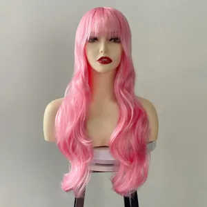 Detail of long wavy pink synthetic wig with air bangs on a mannequin head display