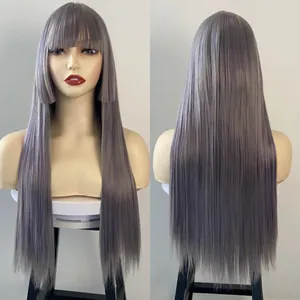 Front and back detail of long smoky purple Hime cut straight wig with neat bangs