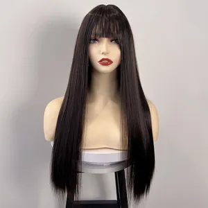 Front view of long straight dark brown synthetic wig with neat bangs on a mannequin