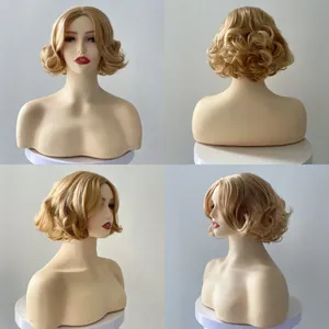 Vue en quatre angles d'une perruque bob courte et ondulée blond doré de face et de profil