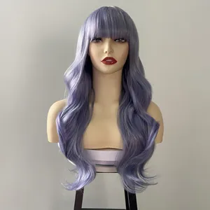 Detail of long wavy lavender purple gradient synthetic wig with bangs on a mannequin head