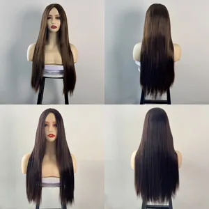 Long straight middle part synthetic wig in dark brown shown from front and back views