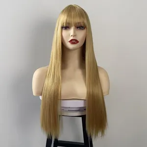Front view of a 26 inch long straight golden synthetic wig with bangs on a mannequin head