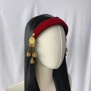 Red velvet headband with long black wig and gold bell tassel charms for women
