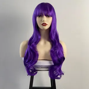 Detail of long wavy purple synthetic wig with air bangs on a mannequin head