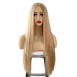 Long straight center-parted blonde synthetic hair wig on a mannequin head model