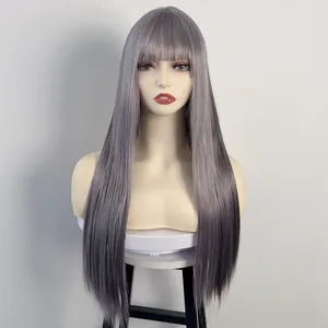 Detailed texture of long straight smoke gray wig with fringe made of synthetic fibers