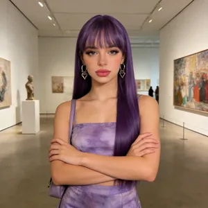 Long purple straight wig with air bangs displayed in an artistic gallery setting